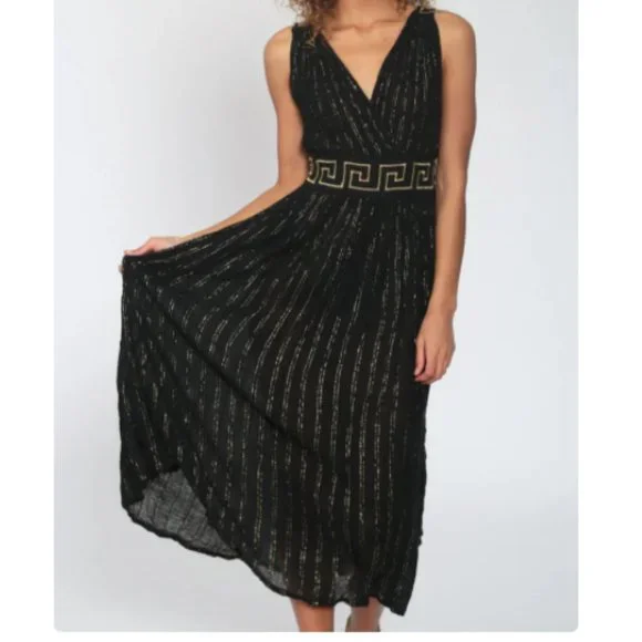 Vintage Dresses | Vintage Metallic Grecian Maxi Dress Stripe Party Gold Wrap Deep V Neck B | Color: Black/Gold | Size: S | Ckb22's Closet